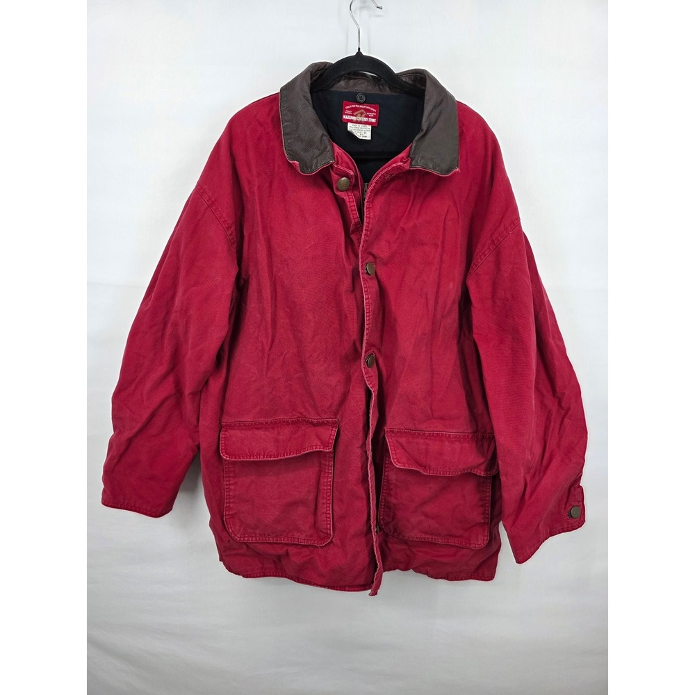 Vintage Marlboro Country Store Red Canvas Barn Jacket Leather Collar Mens XL